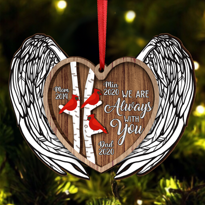 Always With You Cardinal Angel Wings Memorial Keepsake Personalized Wooden Ornament