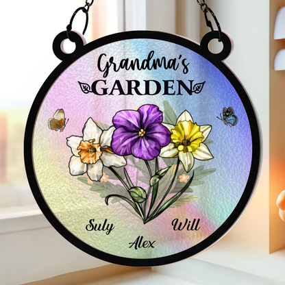 Holography Grandma's Garden Birth Flower - Personalized Window Hanging Suncatcher Ornament