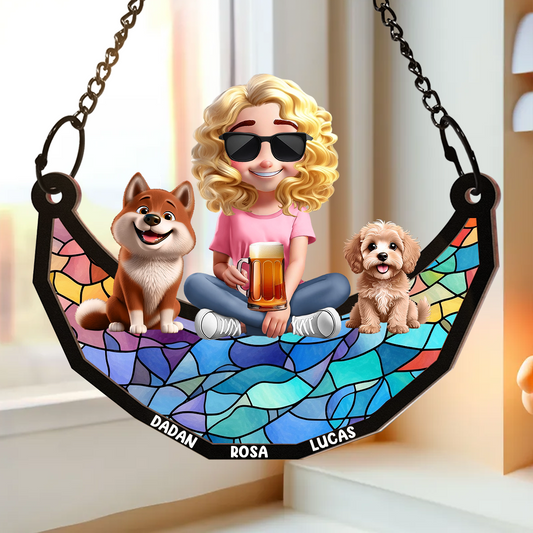 3D Cartoon Dog And Women Sit On The Moon - Personalized Window Hanging Suncatcher Ornament