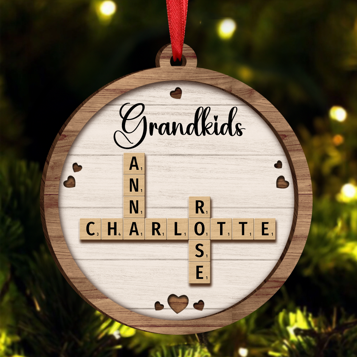 Grandkids Crossword Puzzle Art - Personalized Wooden Ornament