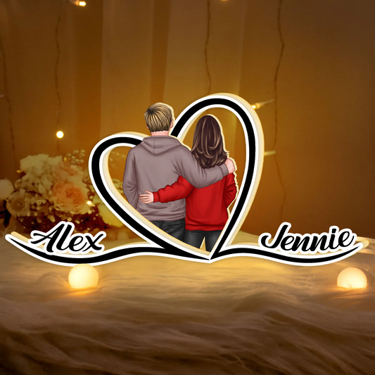 Couple Hugging Back View Heart Shape With Names Personalized Light Box, Anniversary Gift for Him for Her