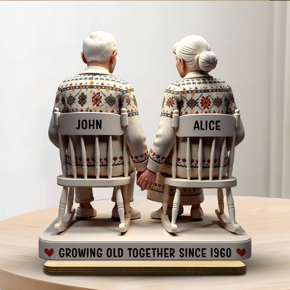 3D Effect Old Couple Holding Hands Sitting Together Personalized Standing Wooden Plaque, Heartfelt Anniversary Gift, Valentine's Day Gift For Couple, For Him, For Her, Husband, Wife