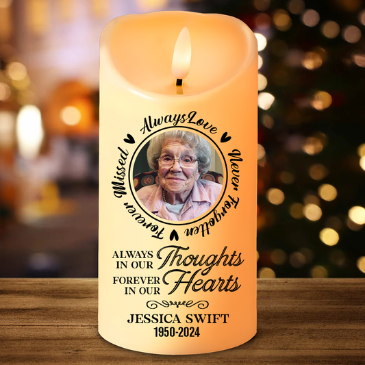 Custom Photo Always In Our Thoughts - Memorial Personalized Custom LED Candle - Christmas Gift, Sympathy Gift For Family Members