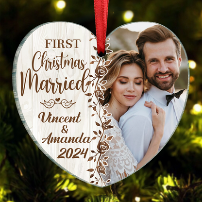 Custom Photo First Christmas Married - Personalized Heart Acrylic Ornament