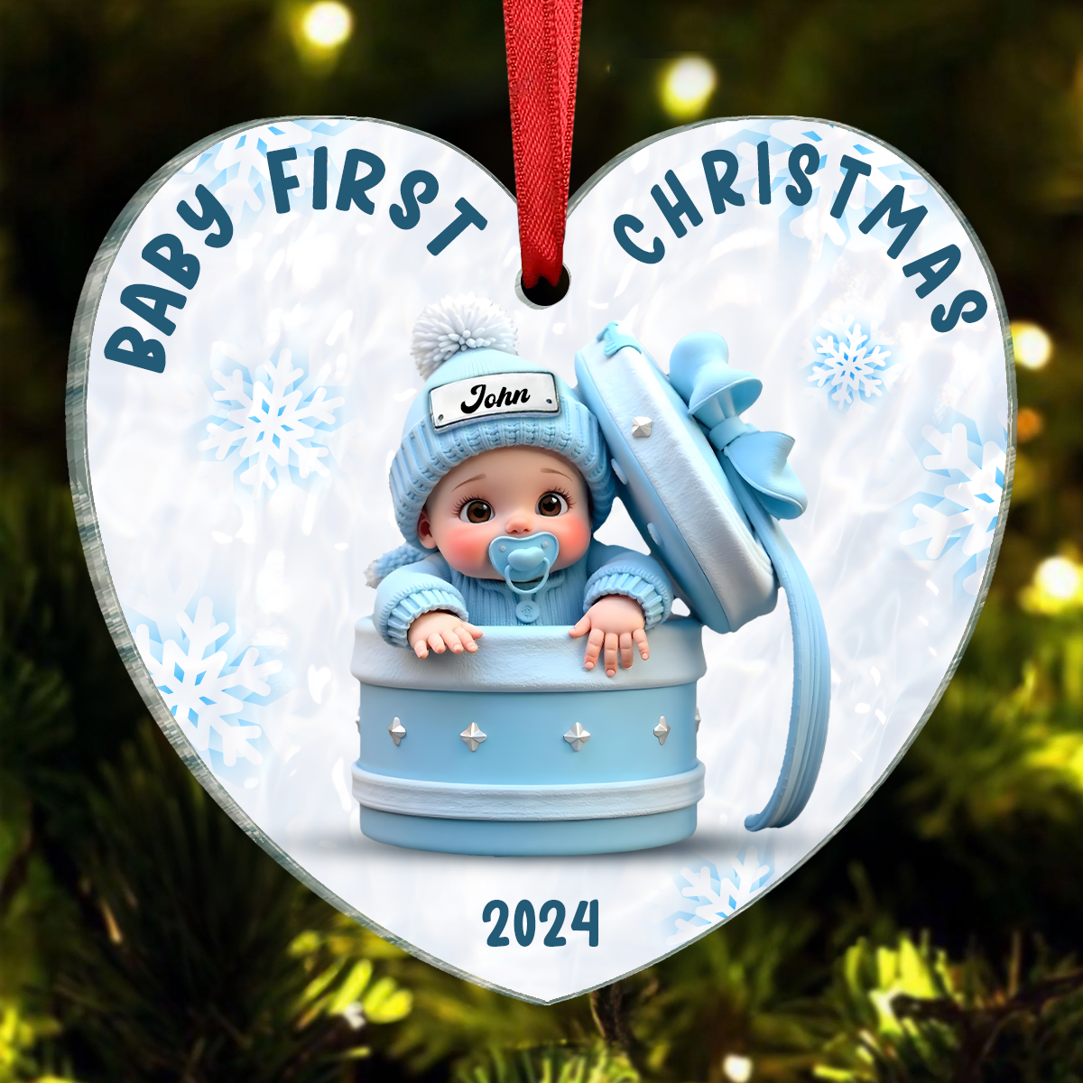 Baby Inside Gift Box Personalized Heart Ornament, Baby First Christmas Keepsake