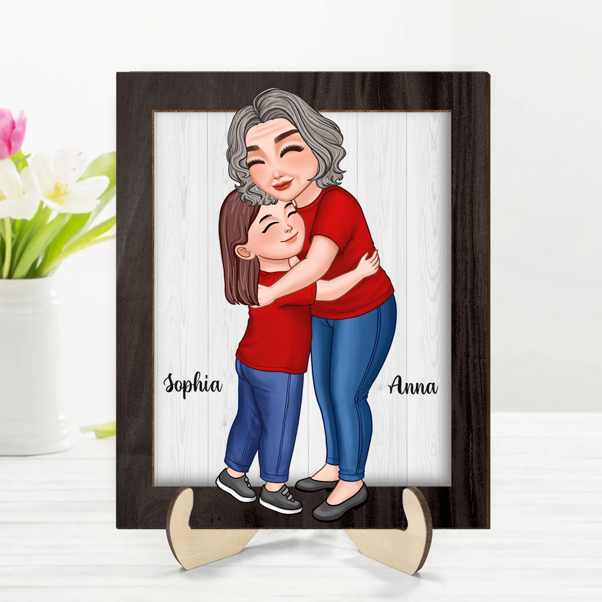 Grandma Grandkid Hugging Frame Personalized Wooden Plaque, Gift For Grandma