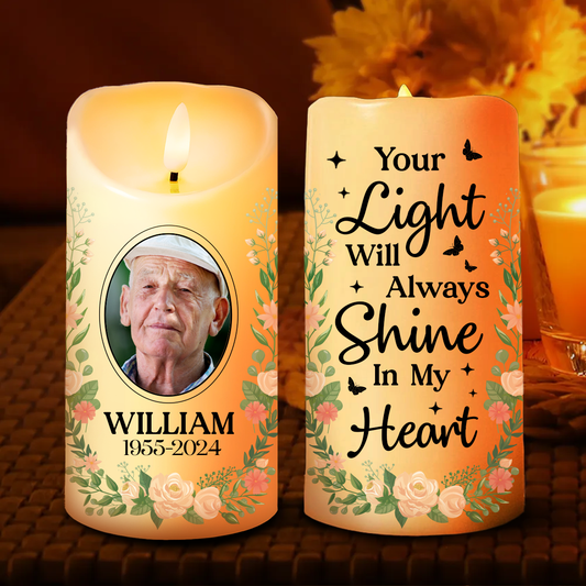 Custom Photo Your Light Will Always Shine In Our Hearts Memorial - Personalized Flameless LED Candle