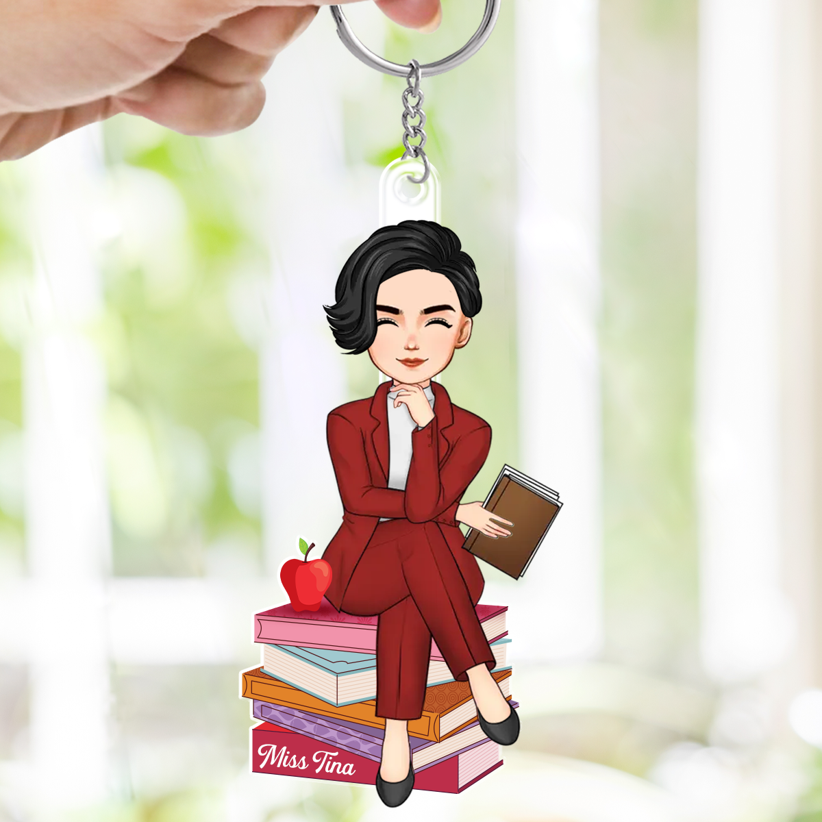 Doll Teacher Sitting On Books Personalized Acrylic Keychain