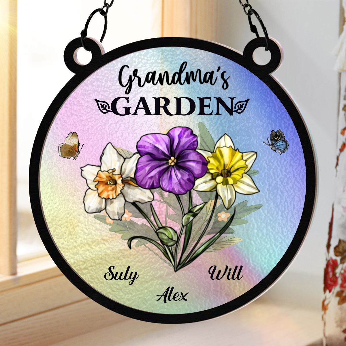 Holography Grandma's Garden Birth Flower - Personalized Window Hanging Suncatcher Ornament