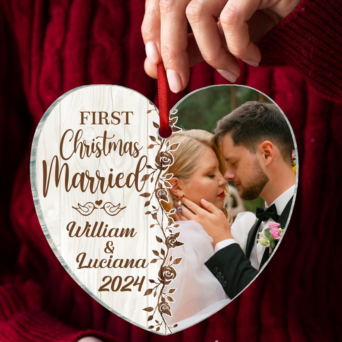 Custom Photo First Christmas Married - Personalized Heart Acrylic Ornament