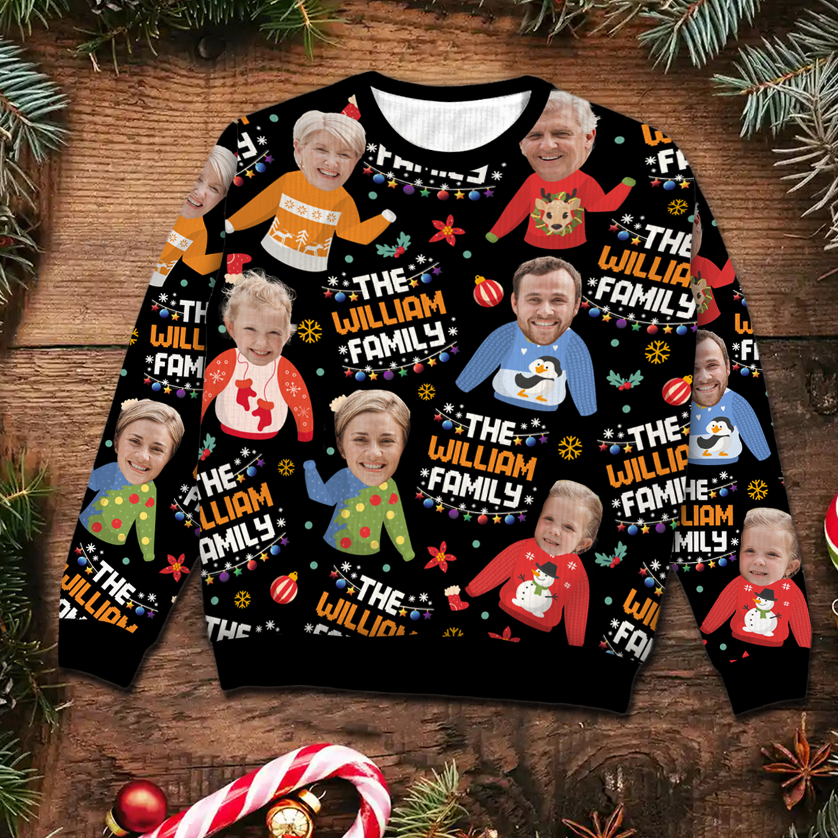 Family Photo Upload Funny Christmas Personalized Faux Knit Ugly Sweater