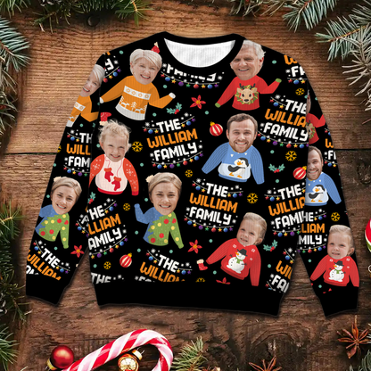 Family Photo Upload Funny Christmas Personalized Faux Knit Ugly Sweater