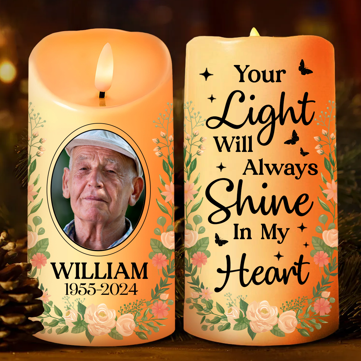 Custom Photo Your Light Will Always Shine In Our Hearts Memorial - Personalized Flameless LED Candle