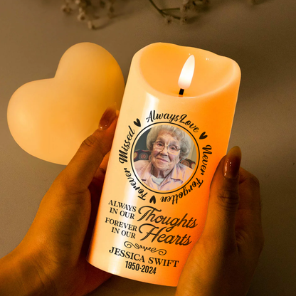 Custom Photo Always In Our Thoughts - Memorial Personalized Custom LED Candle - Christmas Gift, Sympathy Gift For Family Members