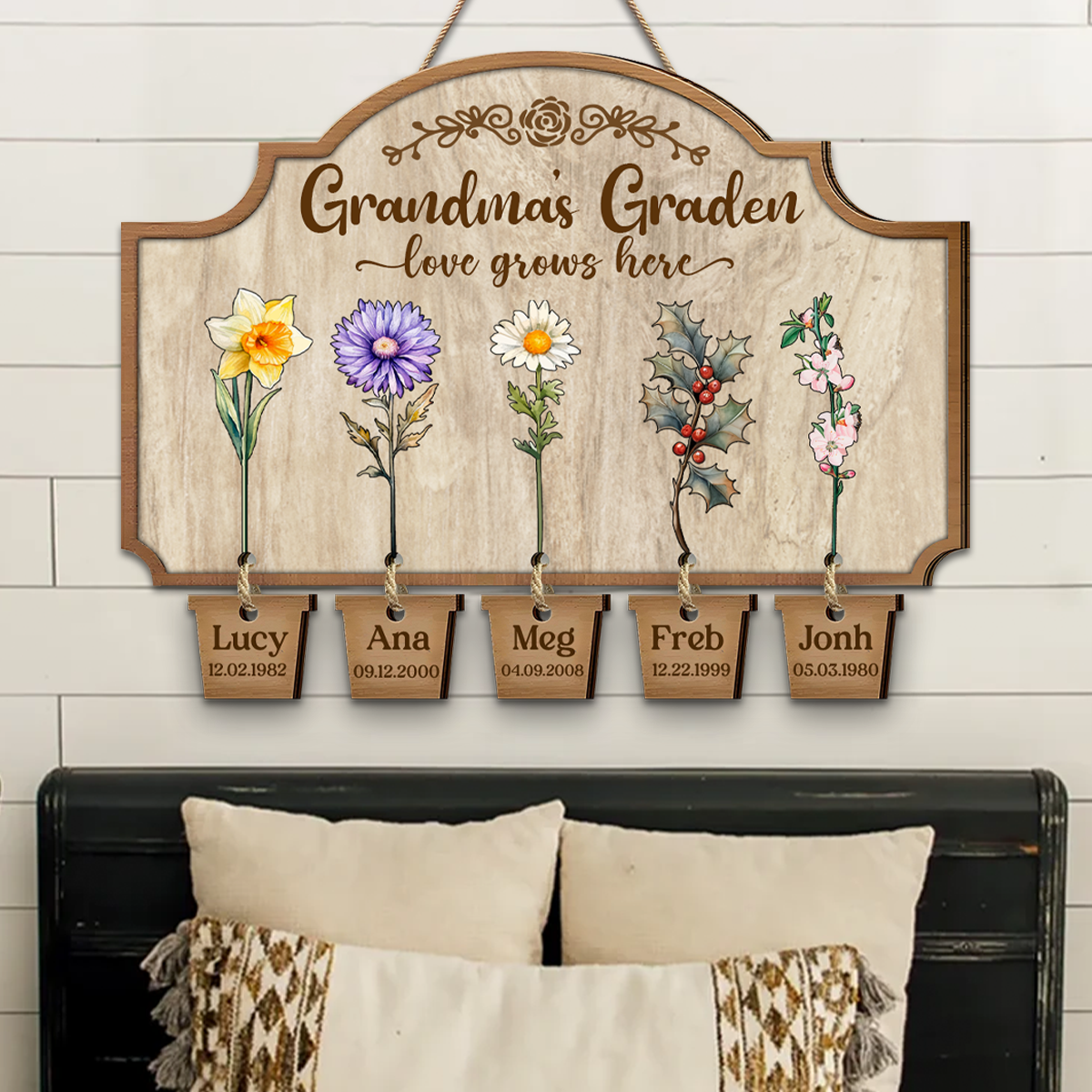 Grandma's Garden Birth Flowers - Personalized Custom Shaped Wood Sign With Wooden Tags