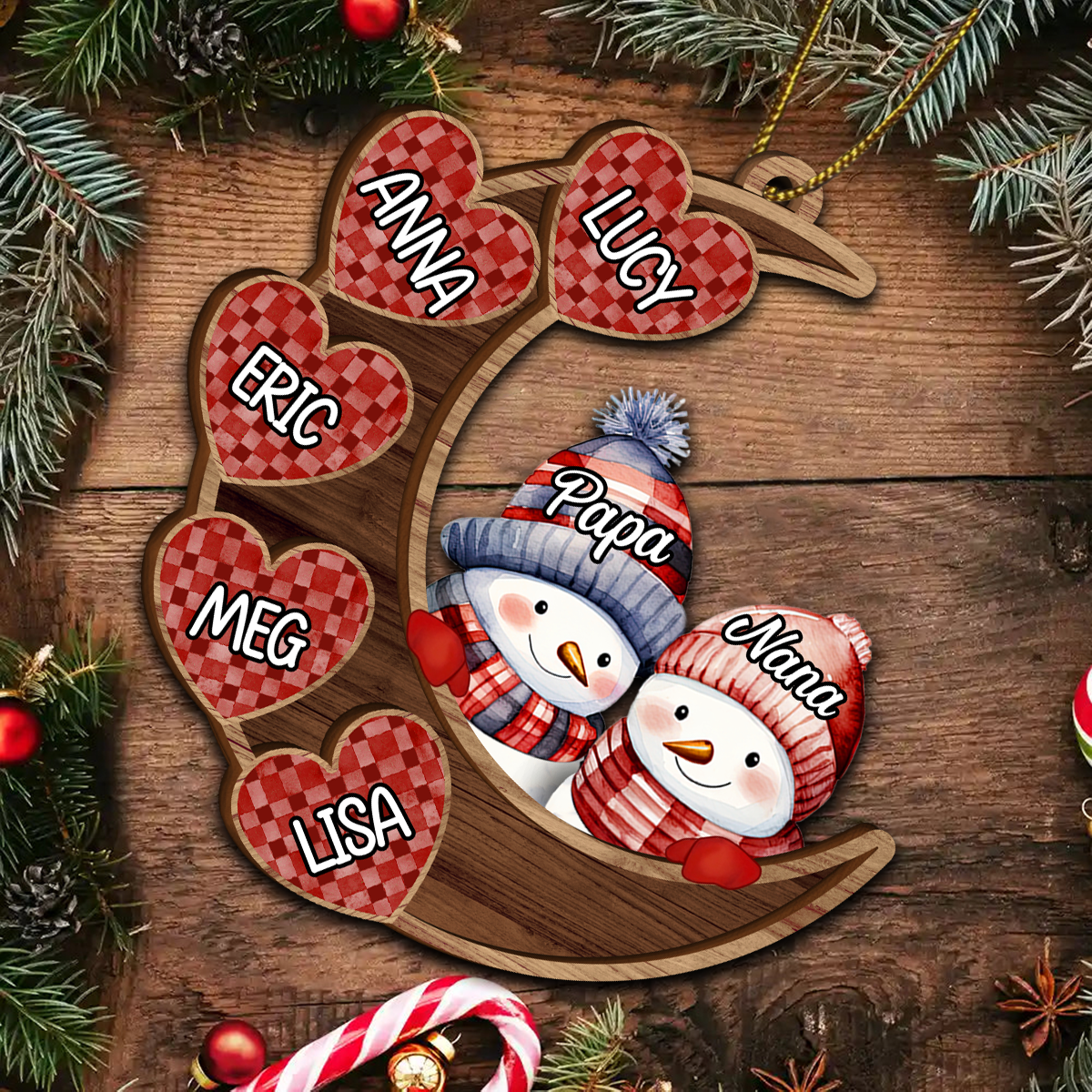 Papa Nana Snowman Family Christmas Grandparents - Personalized Wooden Ornament