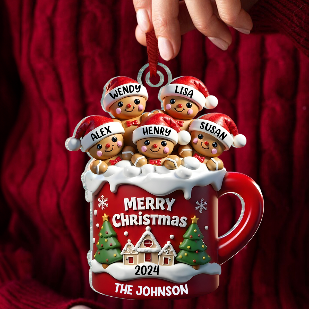 Gingerbread Family In Hot Cocoa Christmas Decor Personalized Acrylic Ornament