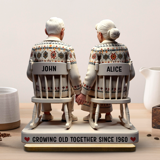 3D Effect Old Couple Holding Hands Sitting Together Personalized Standing Wooden Plaque, Heartfelt Anniversary Gift, Valentine's Day Gift For Couple, For Him, For Her, Husband, Wife