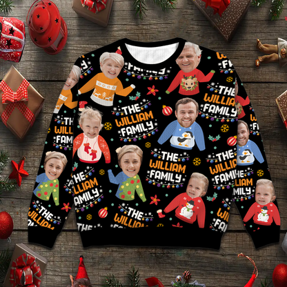 Family Photo Upload Funny Christmas Personalized Faux Knit Ugly Sweater