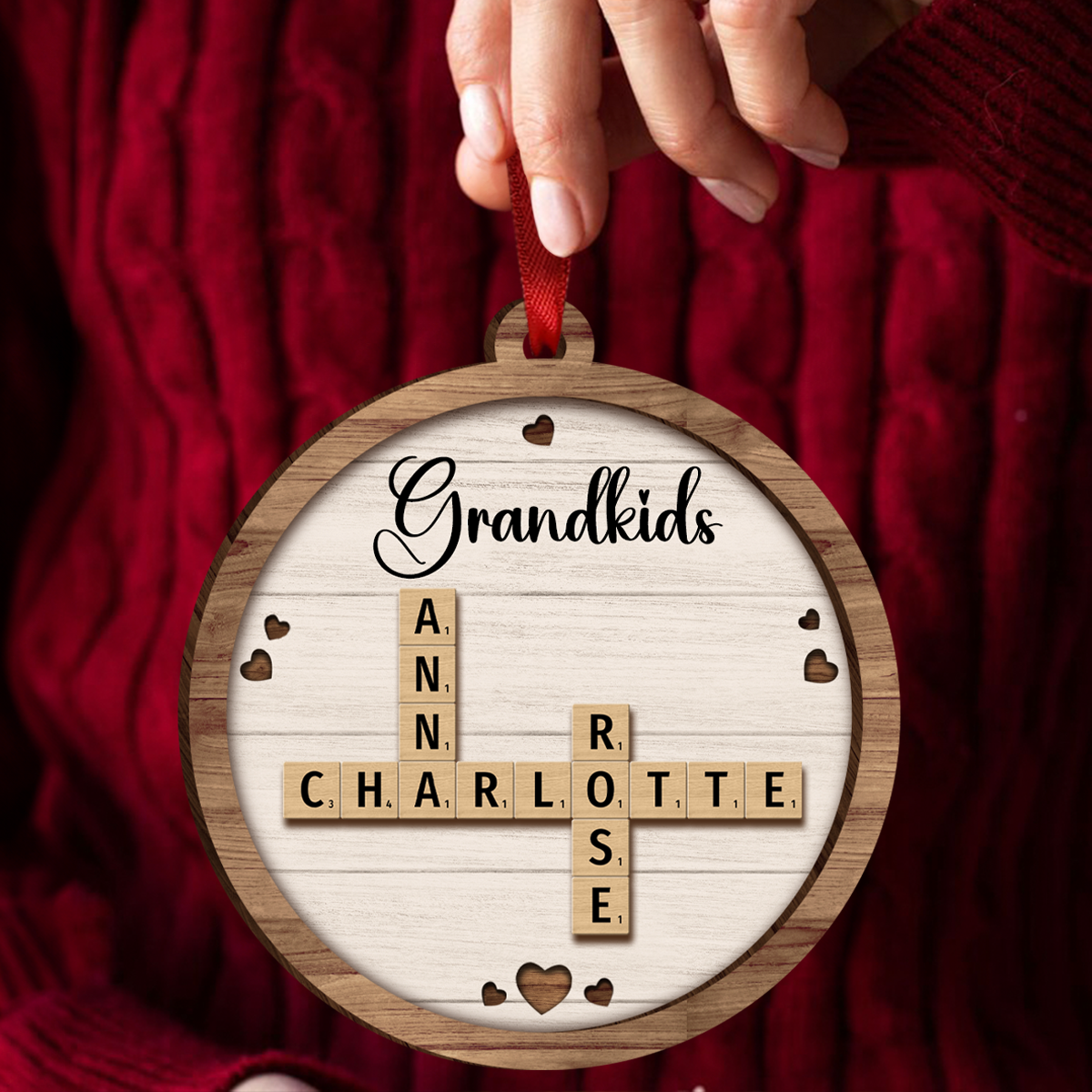 Grandkids Crossword Puzzle Art - Personalized Wooden Ornament