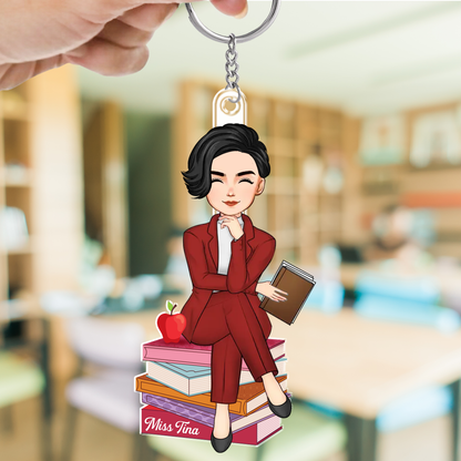 Doll Teacher Sitting On Books Personalized Acrylic Keychain