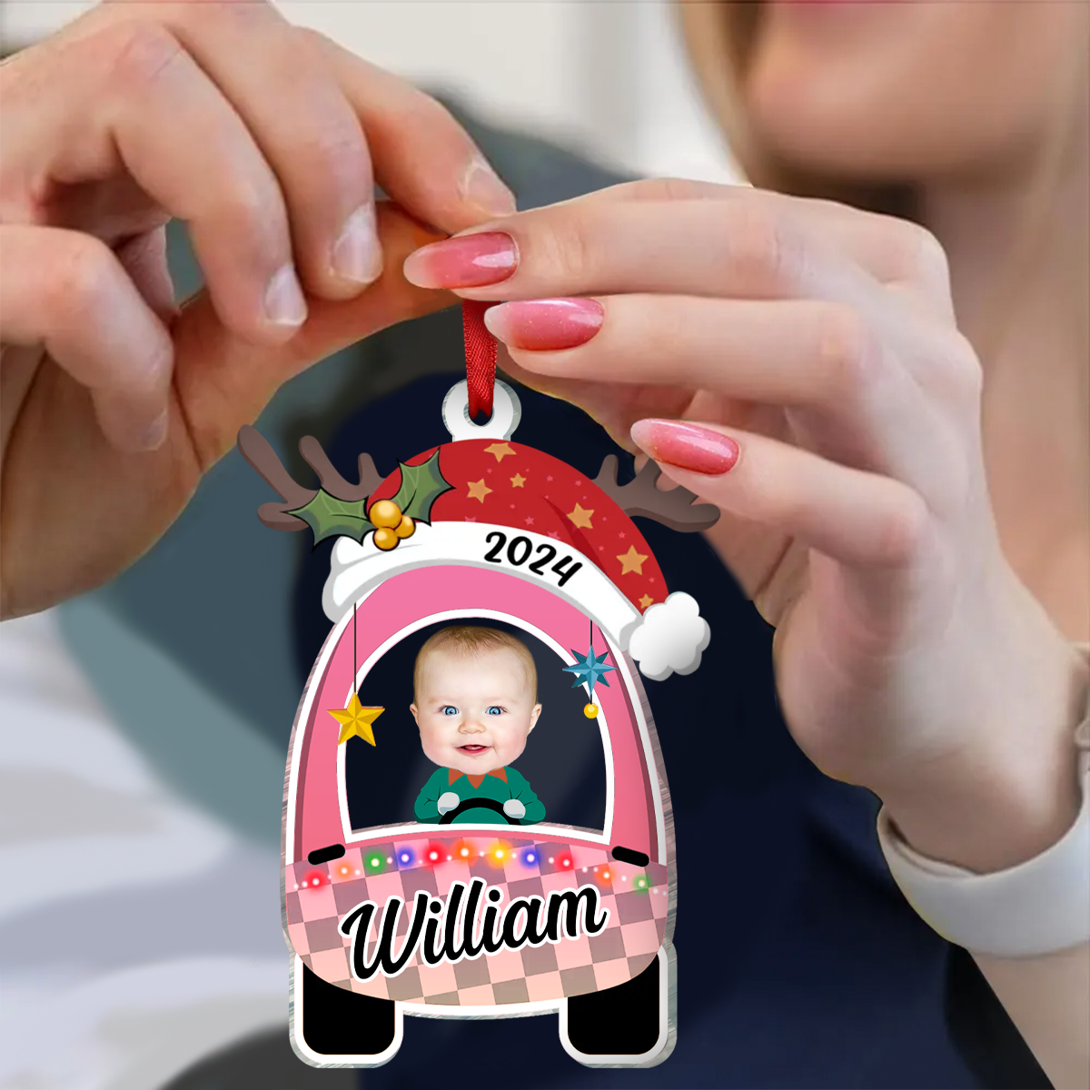 Custom Photo Cute Baby First Christmas Car - Personalized Cutout Acrylic Ornament