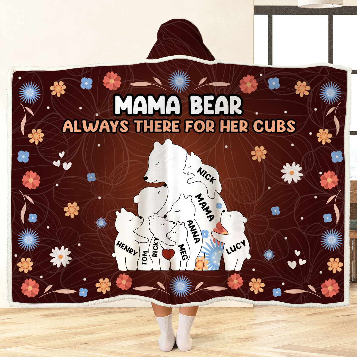 Mama Bear Always There For Her Cubs - Personalized Wearable Hooded Blanket