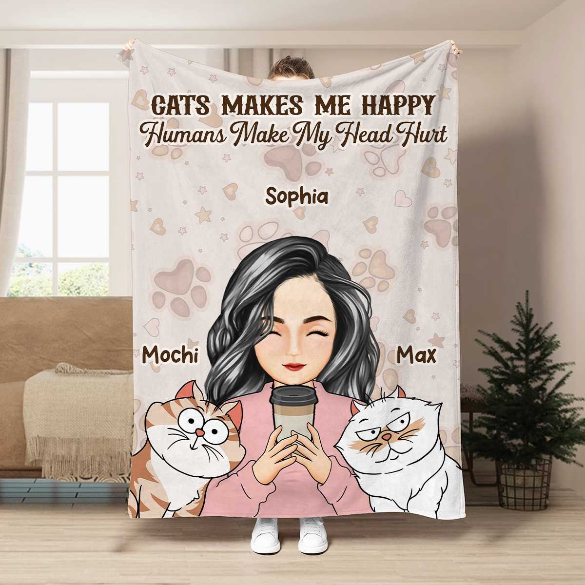 Pet Lovers Cats Make Me Happy Humans Make My Head Hurt - Personalized Fleece Blanket