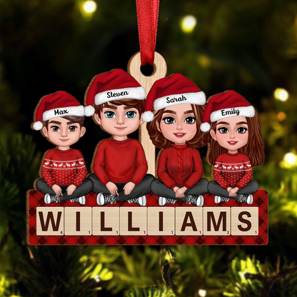 Whole Family Sitting On Word Personalized Wooden Ornament