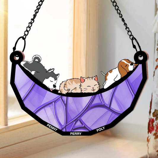 Sleeping Lying Pet Dog Cat On The Moon - Personalized Window Hanging Suncatcher Ornament