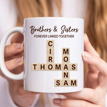 Brothers & Sisters Forever Linked Together Crossword Puzzle Art Personalized Mug, Gift For Brothers, Sisters, Siblings, Family