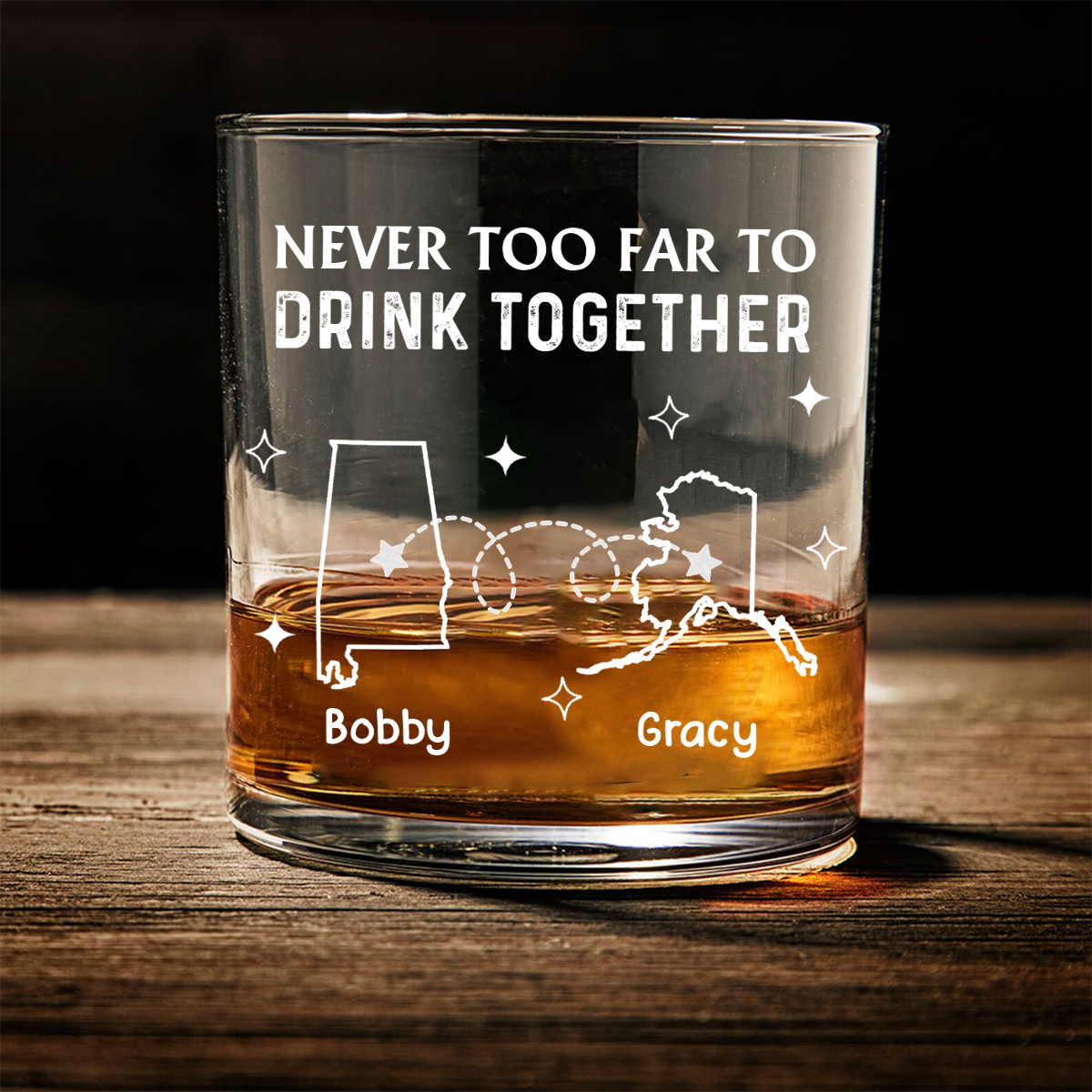 Never Too Far To Drink Together - Personalized Whiskey Glass