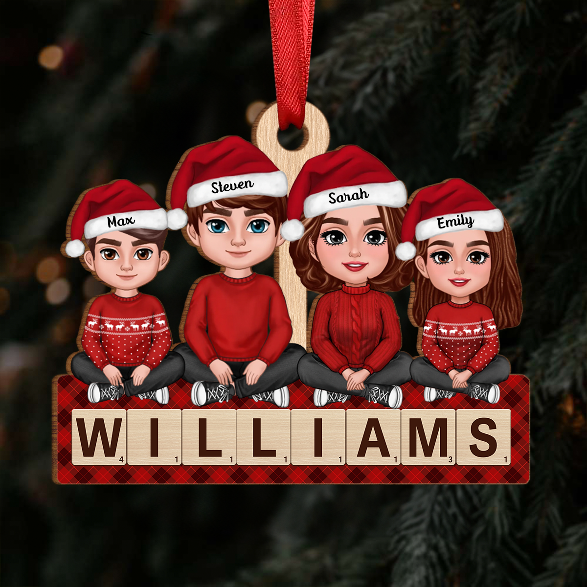 Whole Family Sitting On Word Personalized Wooden Ornament