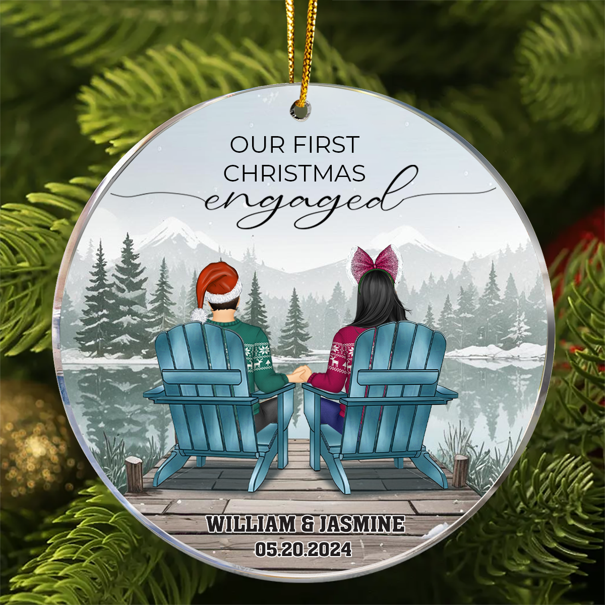 First Christmas Engagement Couples Merry & Married - Personalized Circle Acrylic Ornament