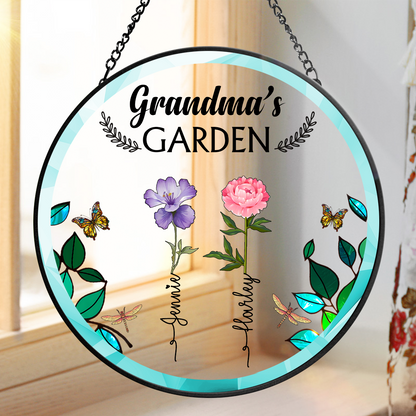 Birth Flower Grandma's Garden - Personalized Stained Glass Window Hanging Suncatcher