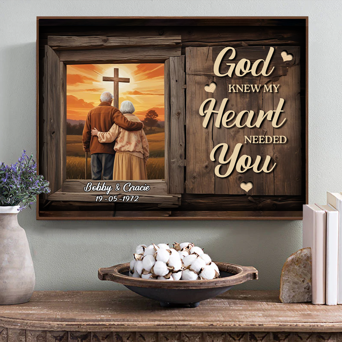 Cross God Knew My Heart Needed You Old Couple Walking Hugging Personalized Poster, Anniversary Valentine's Day Gift For Him, Her, Husband, Wife