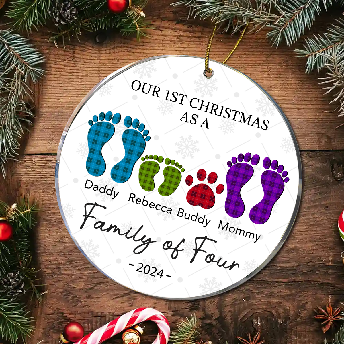 First Christmas As A Family Of Four Flannel Footprints - Personalized Circle Acrylic Ornament