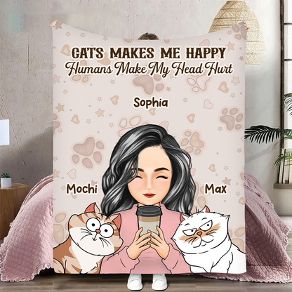 Pet Lovers Cats Make Me Happy Humans Make My Head Hurt - Personalized Fleece Blanket