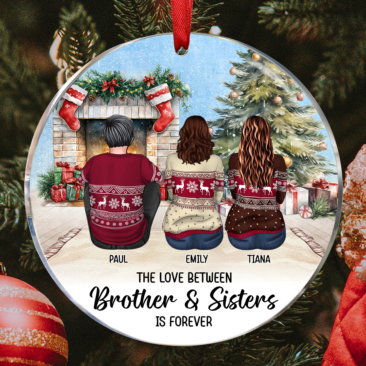 Personalized Siblings Christmas Tree Cozy Fireplace Ornament, Personalized Brothers and Sisters Ornament, Siblings Gift