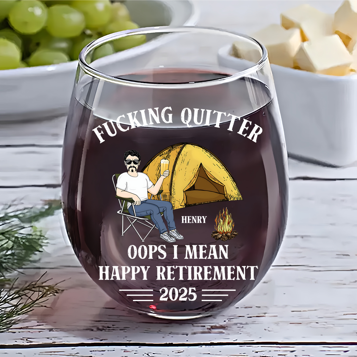 Oops I Mean Happy Retirement Camping - Personalized Stemless Wine Glass