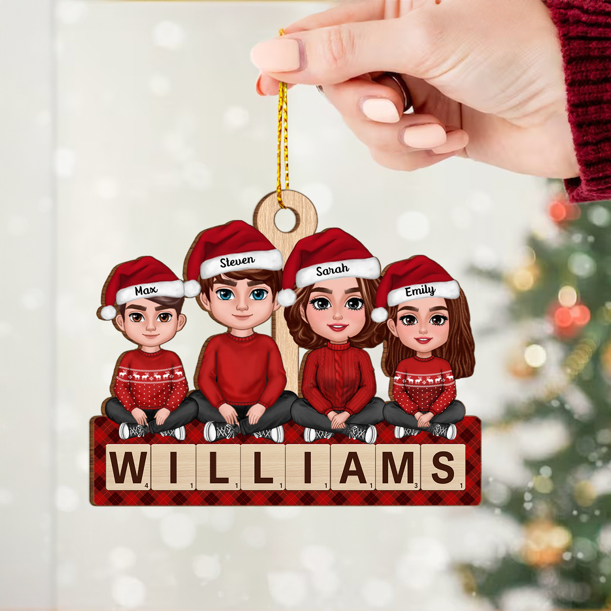 Whole Family Sitting On Word Personalized Wooden Ornament