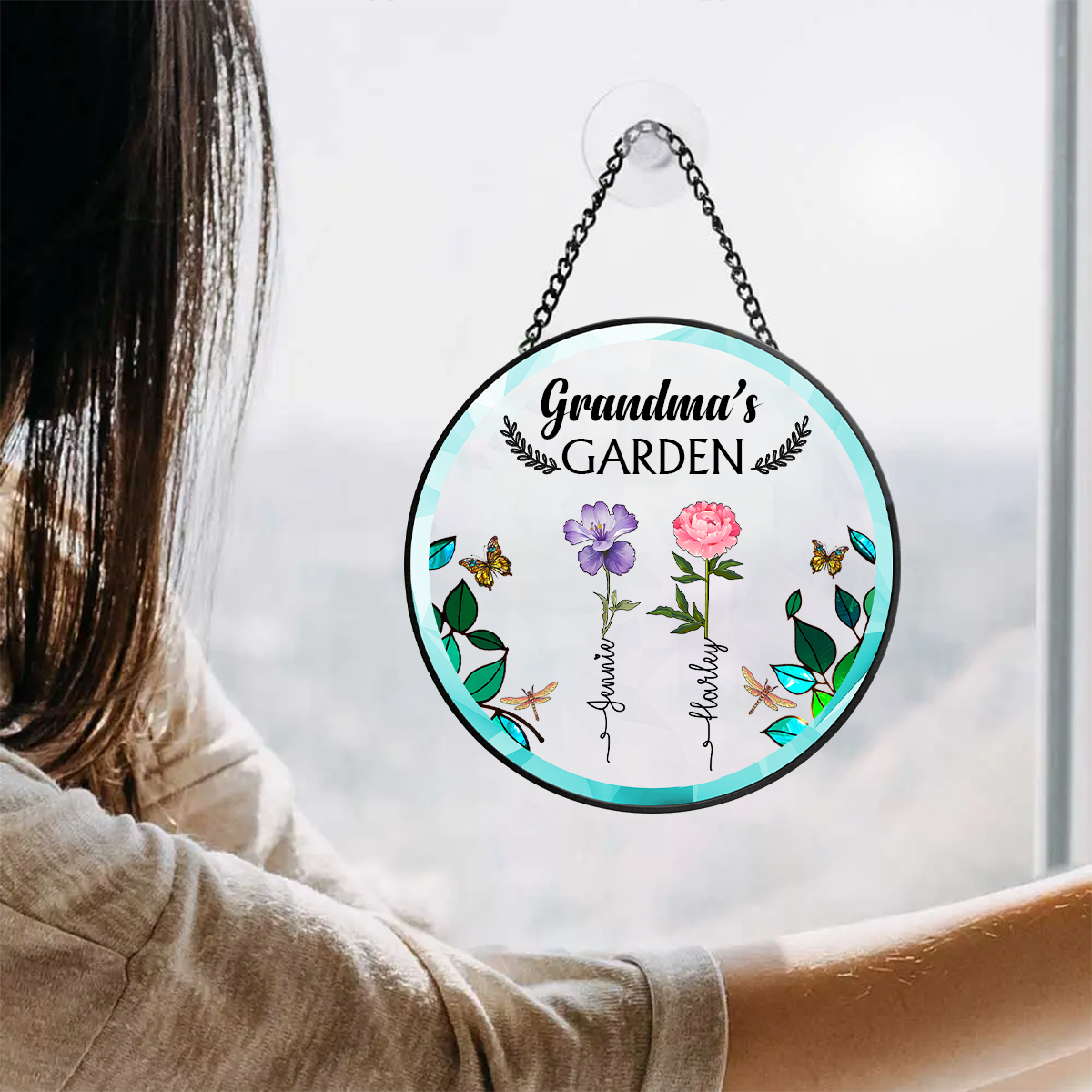 Birth Flower Grandma's Garden - Personalized Stained Glass Window Hanging Suncatcher