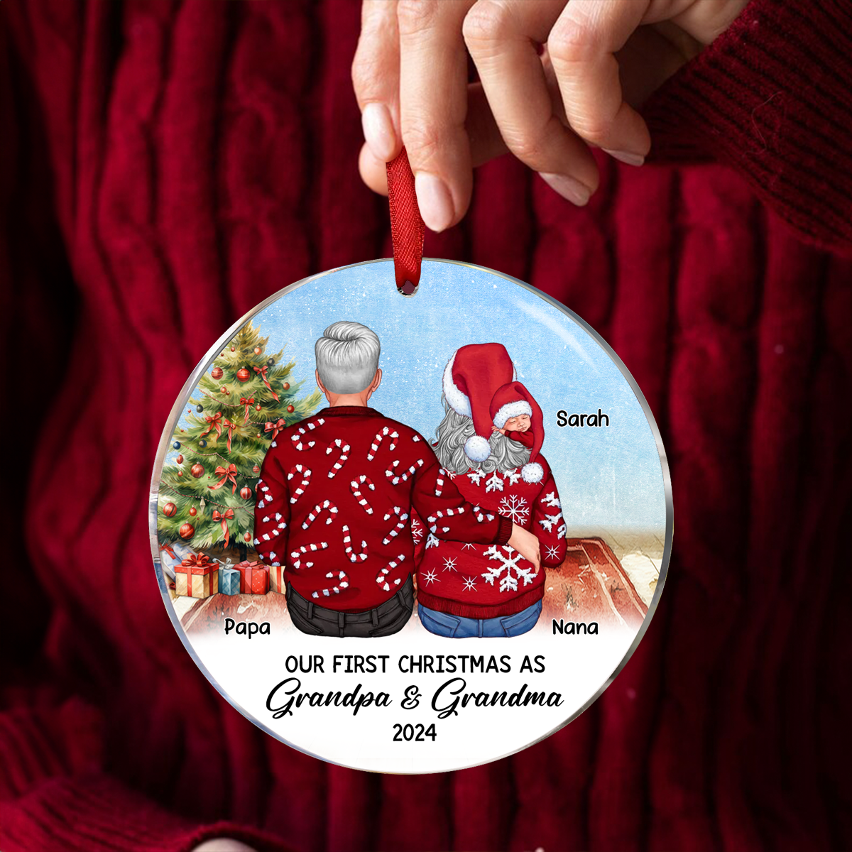 Our First Christmas As Grandma & Grandpa Personalized Circle Acrylic Ornament