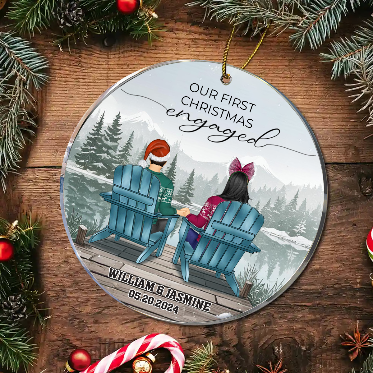 First Christmas Engagement Couples Merry & Married - Personalized Circle Acrylic Ornament