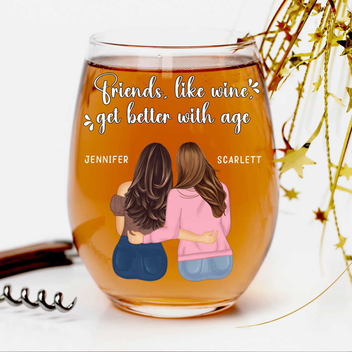 Friends Like Wine Better With Age - Personalized Stemless Wine Glass