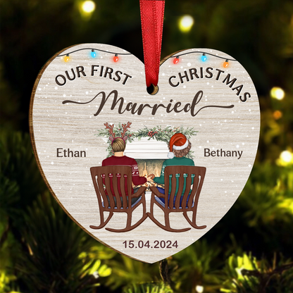 First Christmas Engaged Couples - Personalized Custom Shaped Wooden Ornament