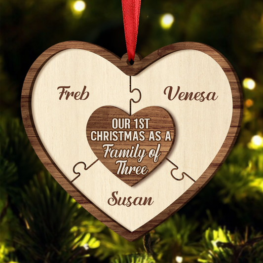 Our First Christmas As A Family Of Three Puzzle - Personalized Wooden Ornament