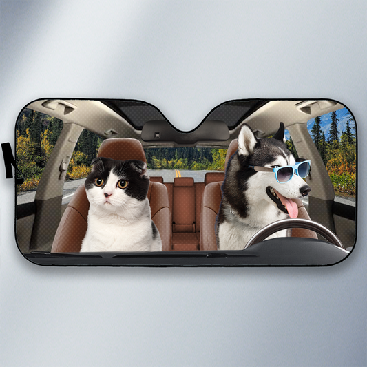 Custom Photo Have Fun Together - Dog & Cat Personalized Custom Auto Windshield Sunshade, Car Window Protector - Gift For Pet Owners, Pet Lovers