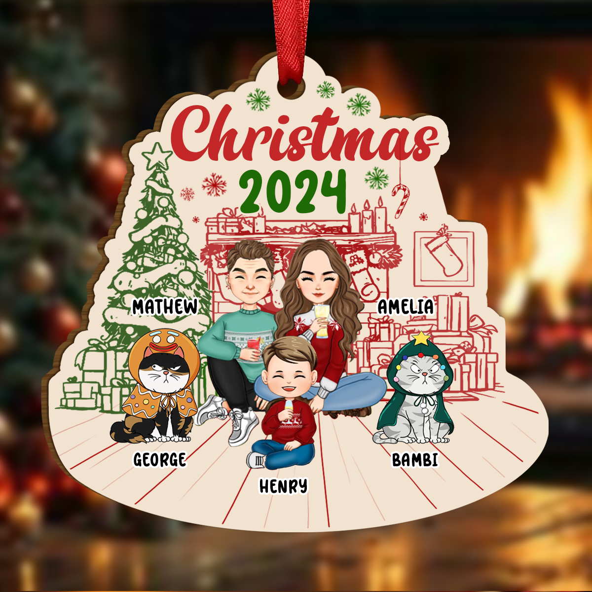 Family 2024 Red Green - Personalized Custom Shaped Wooden Ornament