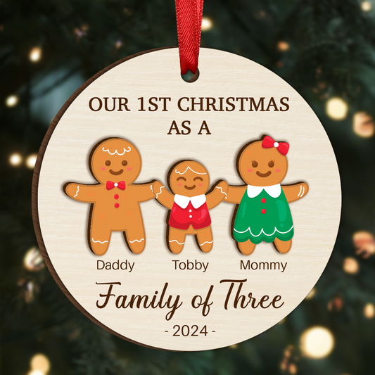 First Christmas As A Family Of Three Gingerbread - Personalized 2-Layered Wooden Ornament